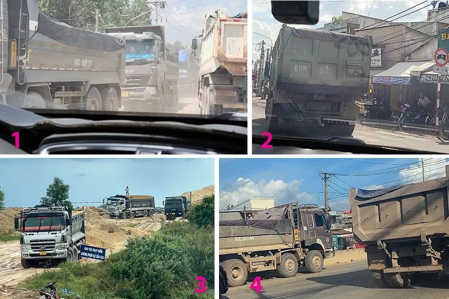1. Hỗn loạn trong thủ phủ xe ben ở Đồng Nai. 2. Sau khi vượt đèn đỏ ở ngã tư, xe 60H-051.12 đi vào đường có biển báo cấm lưu thông từ 5 giờ đến 22 giờ ở Đồng Nai. 3. Hàng đoàn xe cơi nới, chở vun thùng trong khu vực lòng hồ Dầu Tiếng. 4. Các xe ben rời mỏ đá, di chuyển về hướng Long Thành. Ảnh: VÕ TÙNG - TỰ SANG