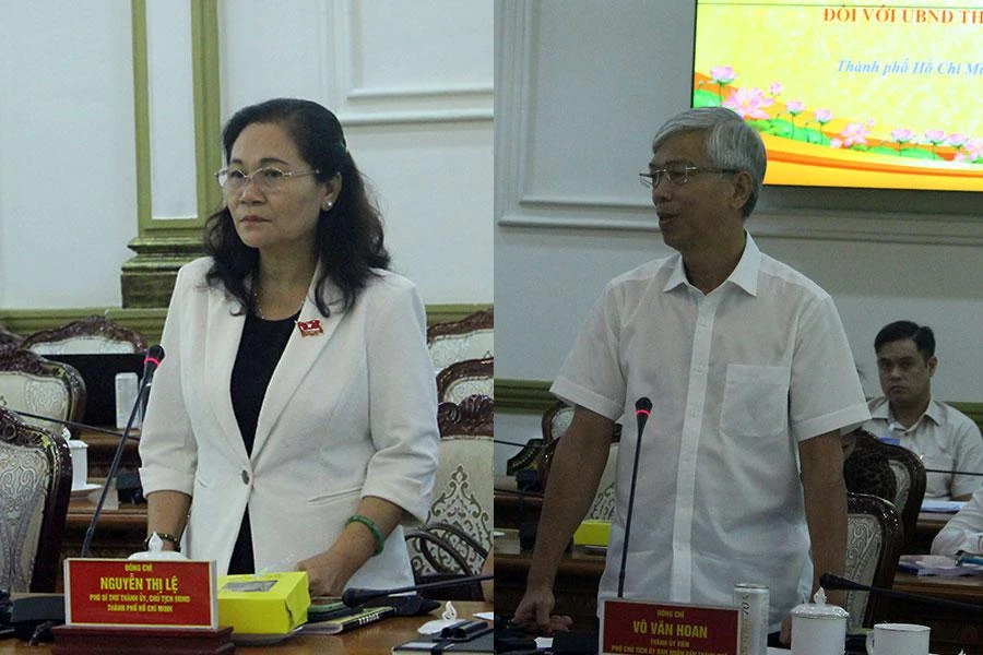 Chủ tịch HĐND TP.HCM Nguyễn Thị Lệ (trái) và Phó Chủ tịch UBND TP Võ Văn Hoan phát biểu tại buổi giám sát. Ảnh: THANH TUYỀN