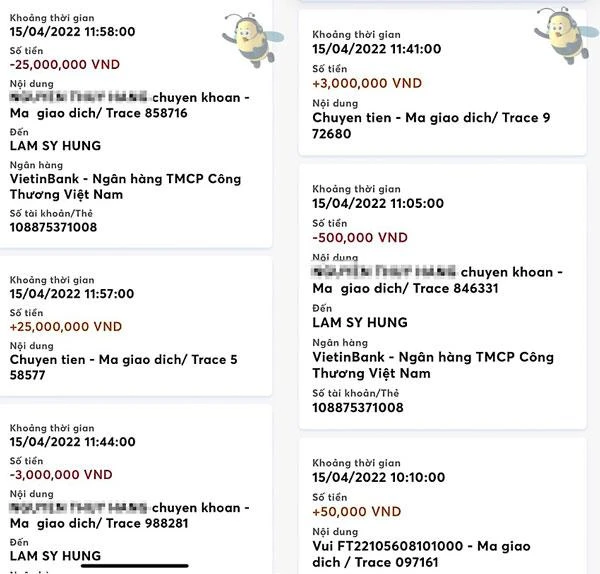 Số tiền chị H chuyển cho kẻ lừa đảo. (Ảnh do người dân cung cấp)