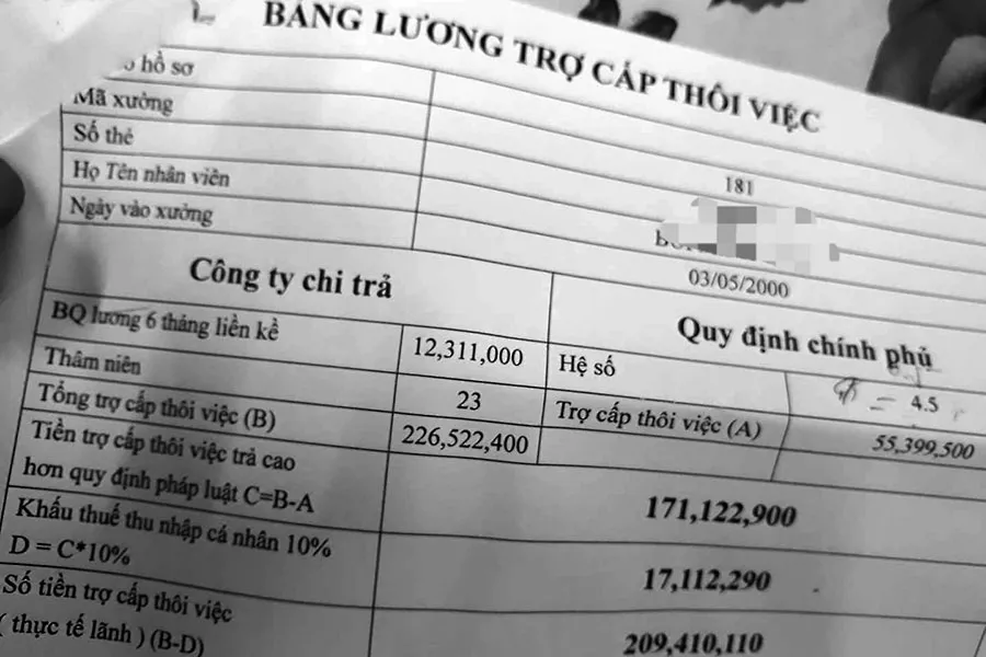 Một bảng tính trợ cấp thôi việc của công nhân Công ty PouYuen. Ảnh: PHONG ĐIỀN