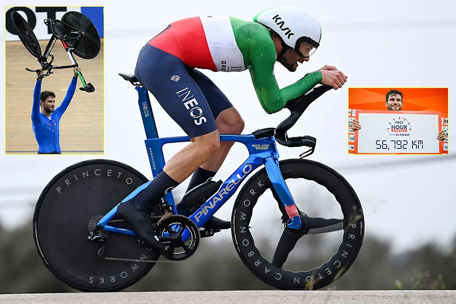 Mẫu xe đua cá nhân tính giờ do hãng Pinarello sản xuất, mô phỏng theo vây cá voi lưng gù giúp tay đua Filippo Ganna phá hai kỷ lục thế giới chỉ trong vòng sáu ngày. Ảnh: GETTY IMAGES