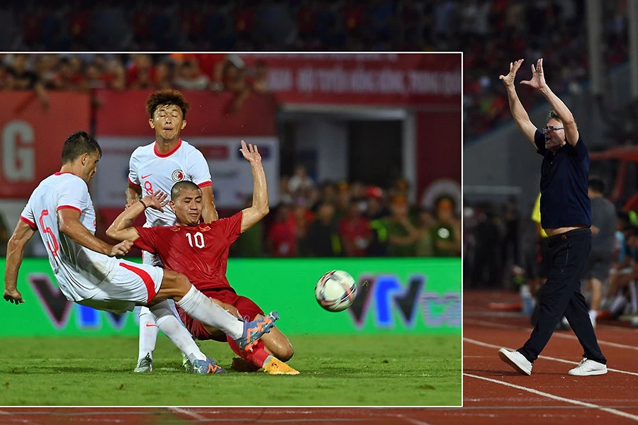 HLV Troussier và các học trò thật vất vả trong trận thắng khó Hong Kong. Ảnh: HOÀNG HẢI THỊNH