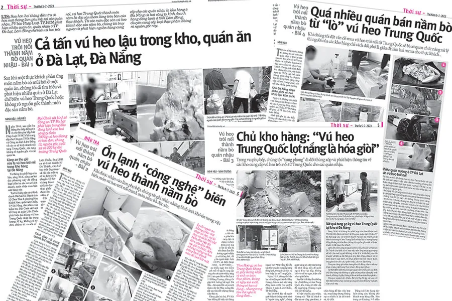 Những bài báo được đăng tải trong tuần về tình trạng vú heo trôi nổi thành nầm bò quán nhậu của Pháp Luật TP.HCM.