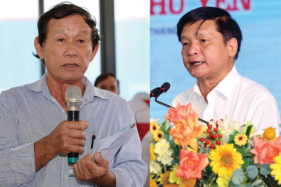 Ngư dân Nguyễn Văn Lễ và Phó Chủ tịch thường trực UBND tỉnh Phú Yên Lê Tấn Hổ tại diễn đàn “Đáp lời ngư dân”. Ảnh: HOÀNG GIANG