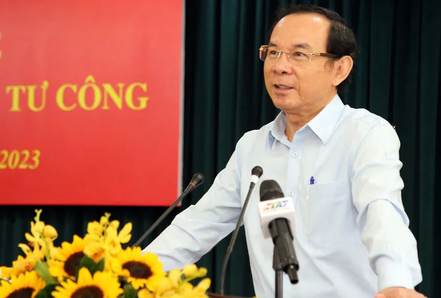 Bí thư Thành ủy TP.HCM Nguyễn Văn Nên phát biểu tại hội nghị. Ảnh: THANH THÙY Bí thư TP.HCM yêu cầu cam kết về giải ngân vốn đầu tư công