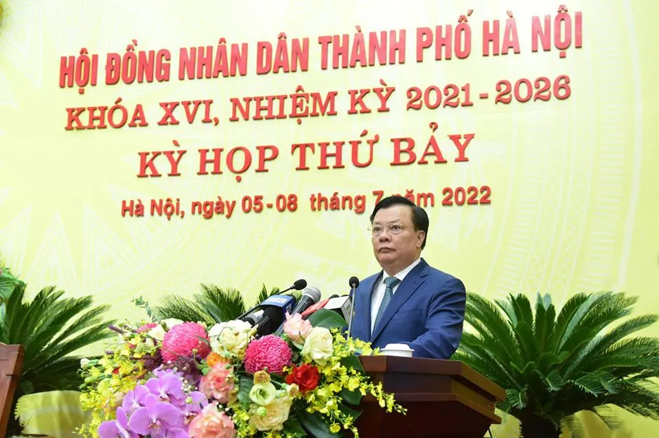 Bí thư Thành uỷ Hà Nội Đinh Tiến Dũng phát biểu tại phiên khai mạc kỳ họp 7 của HĐND TP Hà Nội vào sáng nay 5-7. Ảnh: TP