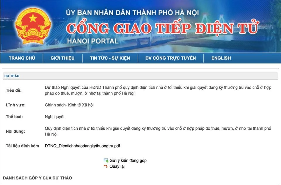 Dự thảo Nghị quyết của HĐND TP quy định diện tích nhà ở tối thiểu đối với nhà thuê, mượn, ở nhở để công dân được đăng ký thường trú trên địa bàn TP đang được đăng tải trên Cổng thông tin điện tử TP Hà Nội để lấy ý kiến nhân dân.