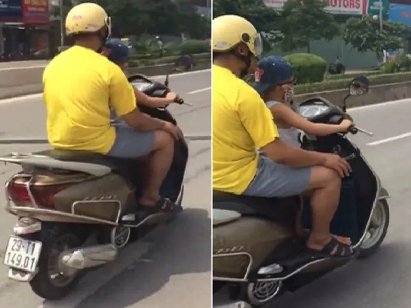Hình ảnh ông Tuệ cho con trai 6 tuổi điều khiển xe máy.