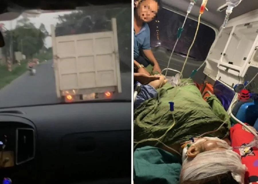 Mặc cho xe cứu thương đang chở bệnh nhân nguy kịch đi cấp cứu, tài xế xe tải cương quyết không chịu nhường đường. Ảnh: Cắt từ clip