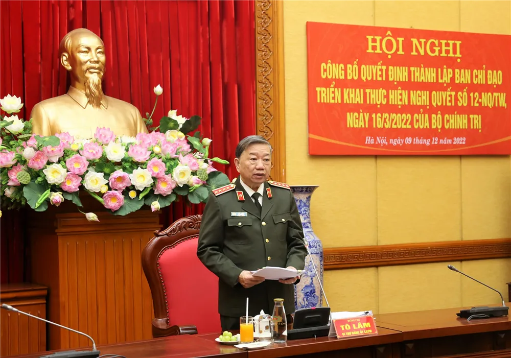 Ban Chỉ đạo triển khai thực hiện Nghị quyết số 12 của Bộ Chính trị do Đại tướng Tô Lâm, Bộ trưởng Bộ Công an làm trưởng ban. Ảnh: BCA