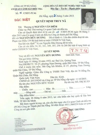 Lệnh truy nã quốc tế với Dương.