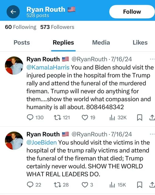 Những bài đăng trên X của Ryan Wesley Routh có gắn thẻ ông Joe Biden và bà Kamala Harris. Ảnh chụp màn hình X. Ông Trump bị ám sát hụt lần 2_X.jpg