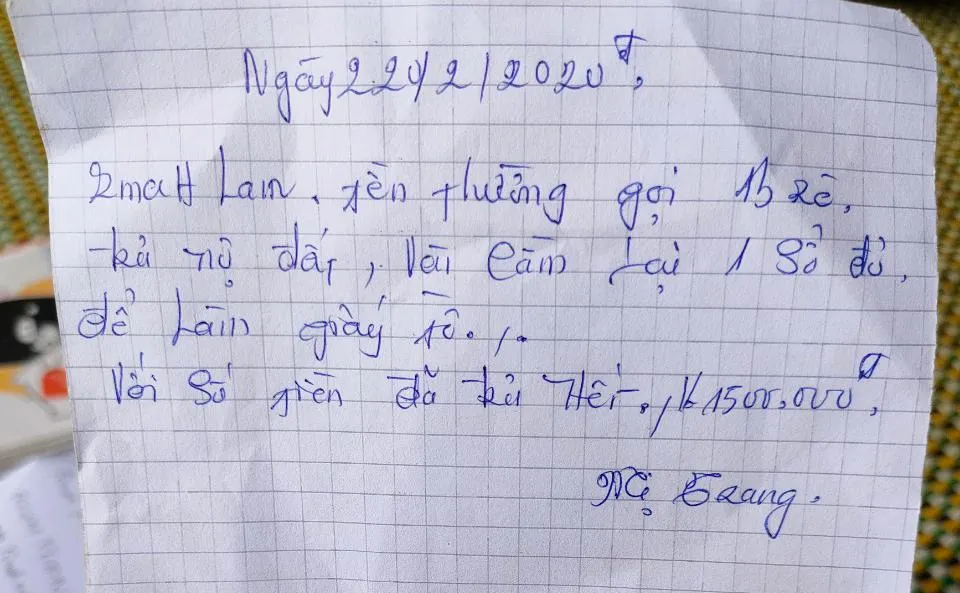 Mảnh giấy ghi trả nợ đất của ông Rma Lan. Mảnh giấy ghi trả nợ đất của ông Rma Lan.