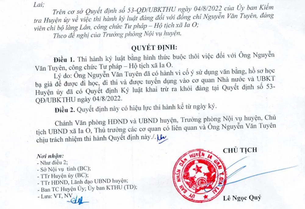 Quyết định buộc thôi việc đối với ông Nguyễn Văn Tuyên. Ảnh: LK