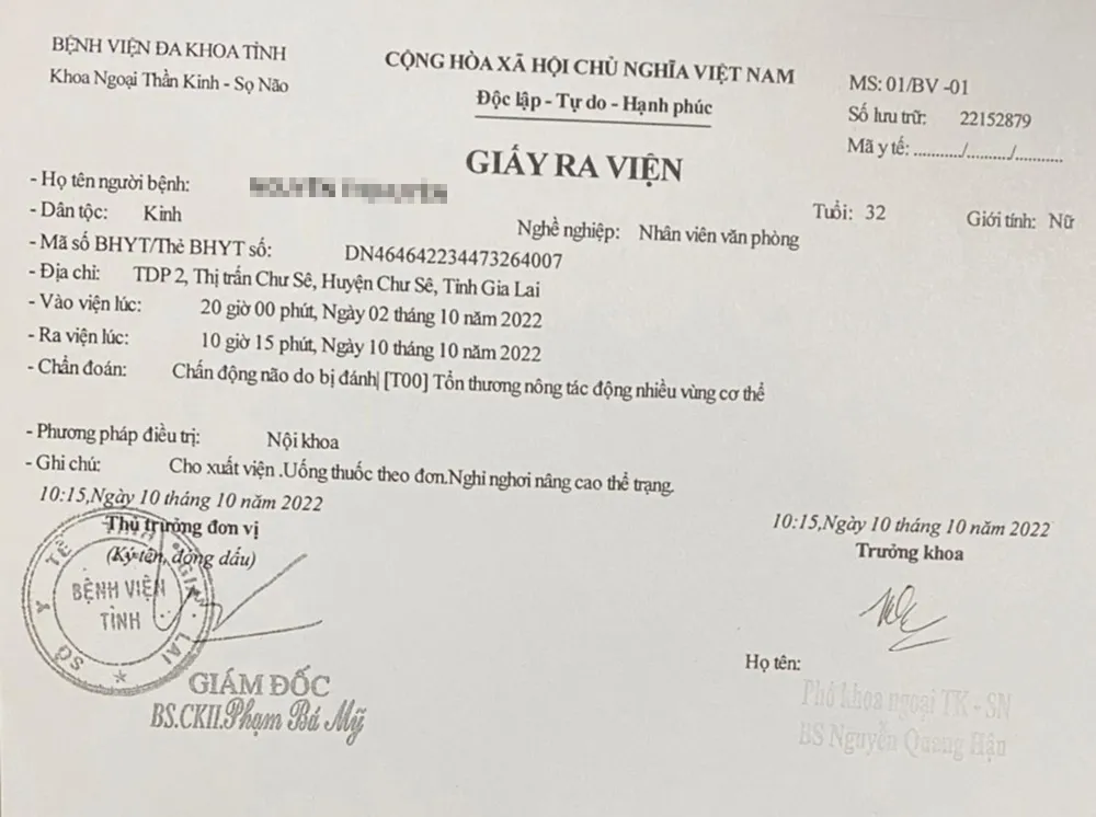 Giấy ra viện của bà H. Ảnh: NVCC Giấy ra viện của bà H. Ảnh: NVCC