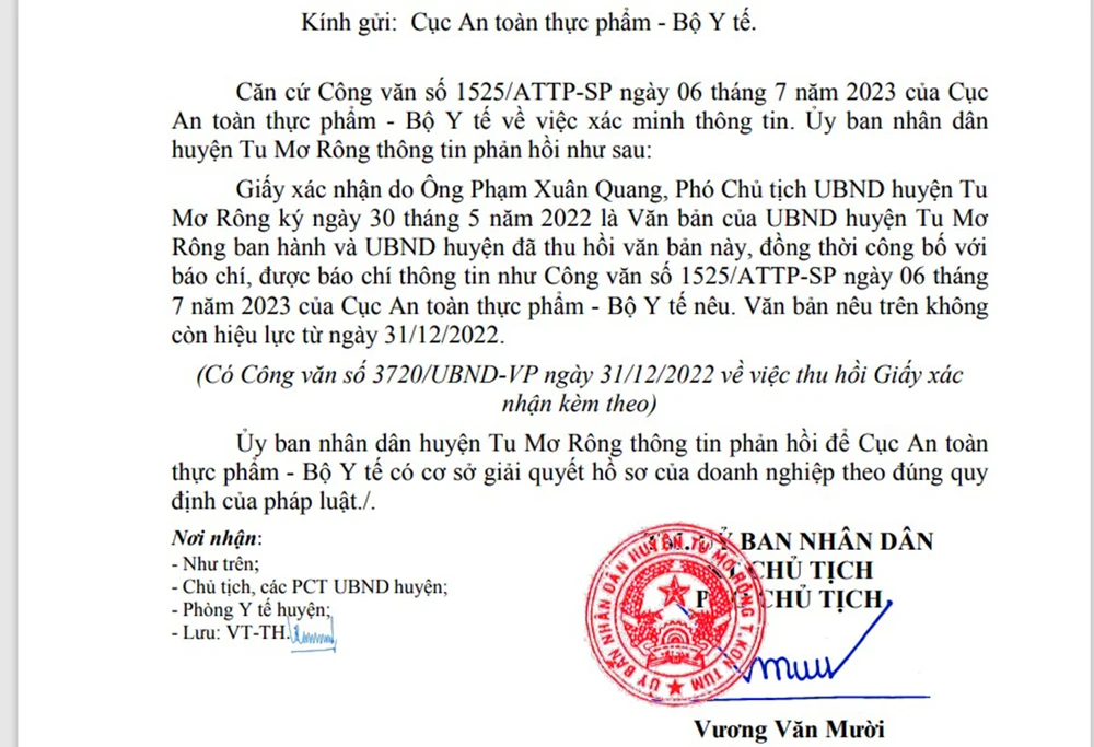 UBND huyện Tu Mơ Rông có văn bản phản hồi Cục An toàn thực phẩm. Ảnh: LK.