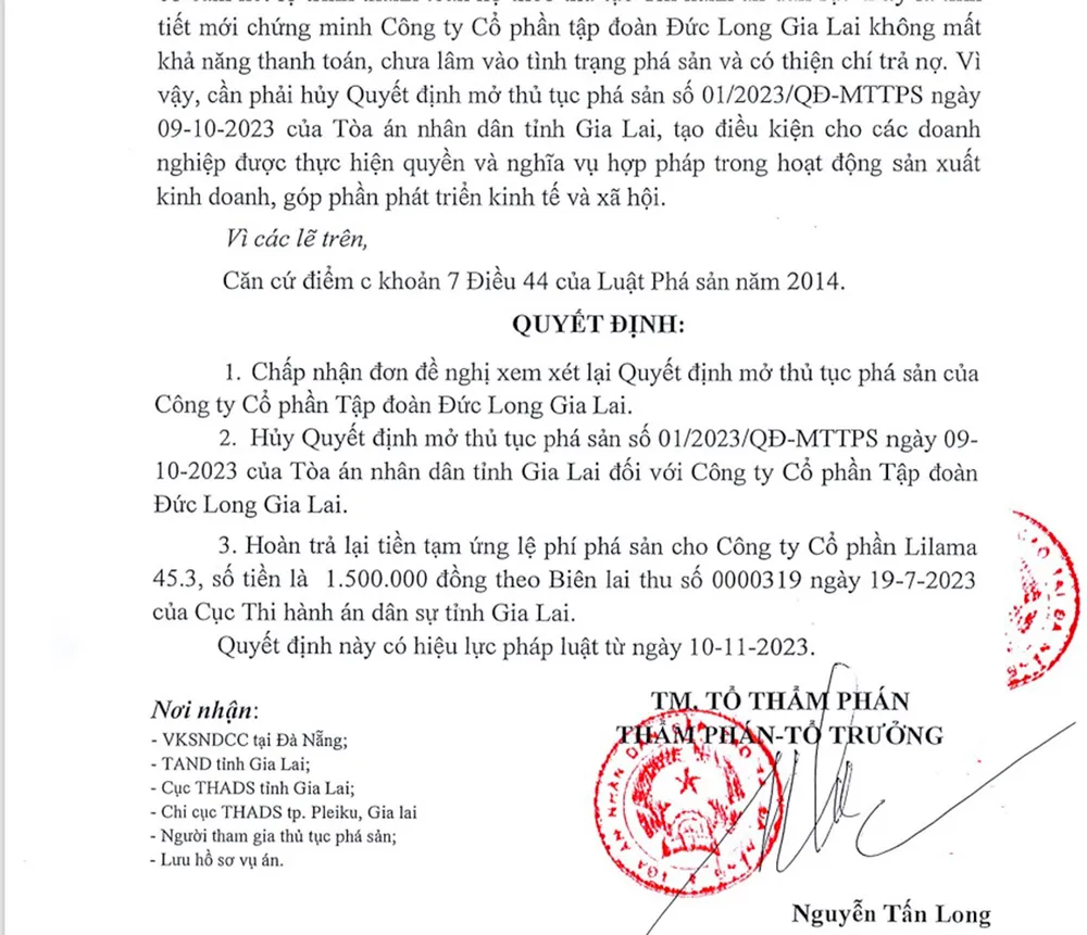 TAND Cấp cao tại Đà Nẵng hủy quyết định mở thủ tục phá sản