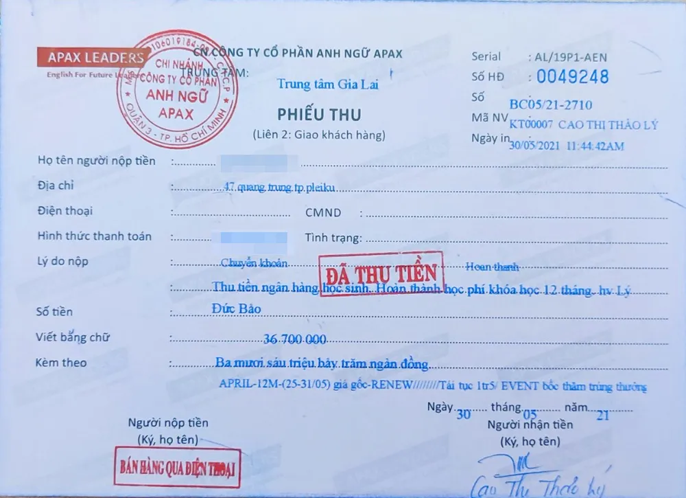 Phiếu thu thể hiện Trung tâm Ngoại ngữ Apax Leaders đã thu tiền khóa học của các học viên. Ảnh: LK Trung tâm ngoại ngữ Apax Leaders ngừng hoạt động