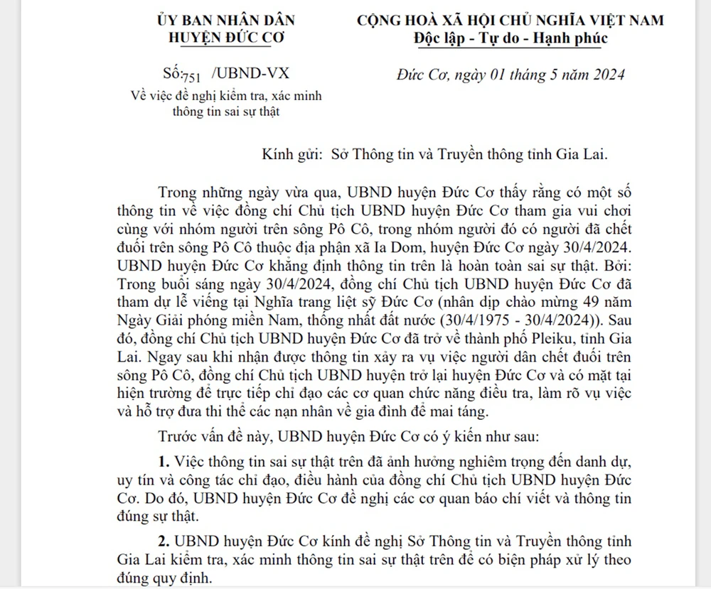 Vụ 3 người đuối nước ở Gia Lai: Bác bỏ thông tin sai sự thật về Chủ tịch huyện Đức Cơ