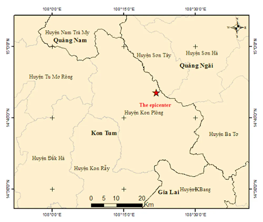 Ảnh bản đồ tâm chấn trận động đất xảy ra sáng nay tại huyện Kon Plông, Kon Tum. Ảnh: VVLĐC. Trận động đất mạnh ở Kon Tum