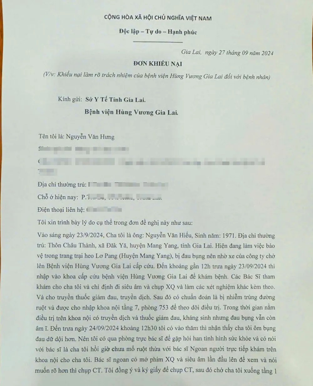Đơn khiếu nại của gia đình ông Nguyễn Văn Hưng. Ảnh: LK. Vo-ruo-thua-do-chan-doan-sai-benh-3.jpg