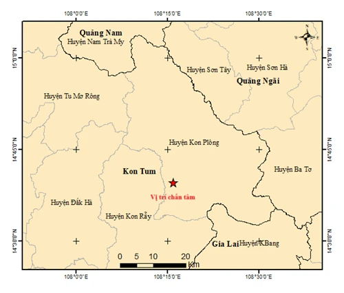 Khu vực tâm chấn trận động đất xảy ra tại huyện Kon Plông, Kon Tum. Ảnh: VVLĐC Trận động đất vừa xảy ra trên địa bàn tỉnh Kon Tum