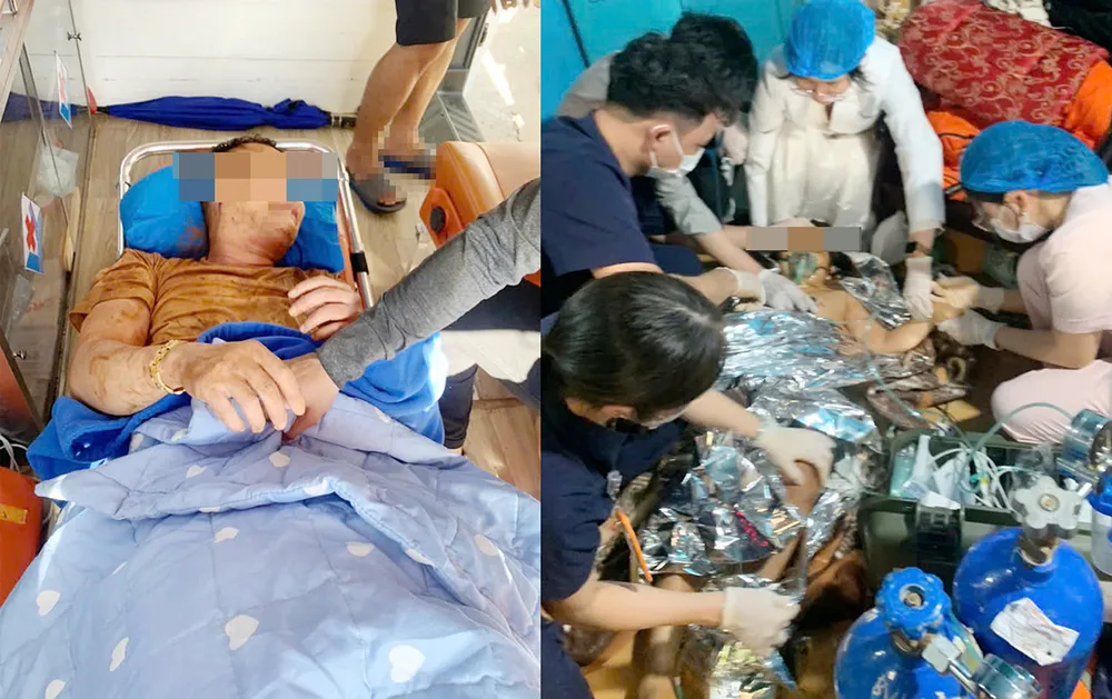 Hai cha con ông ĐBD được đưa lên bờ. Ảnh: PH. Phòng Cảnh sát PCCC và CNCH (Công an tỉnh Gia Lai) đã huy động 17 cán bộ, chiến sĩ giải cứu thành công hai bố con ông ĐBD rơi xuống giếng lên bờ an toàn.