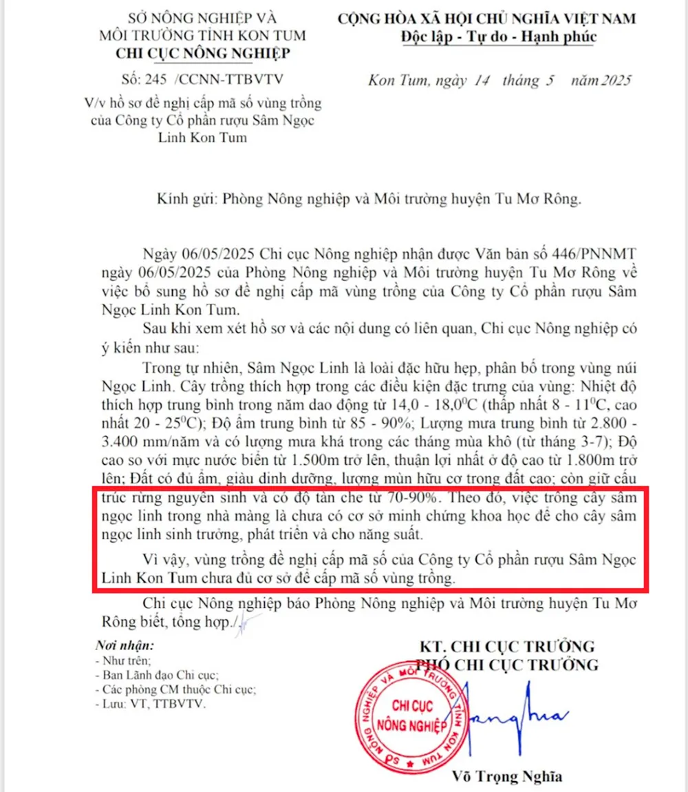 Ngày 14-5, Chi cục Nông nghiệp tỉnh Kon Tum có văn bản nêu "chưa đủ cơ sở để cấp mã số vùng trồng". Cap-giay-xã-nha-vung-trong-sam-ngoc-linh-3.jpg