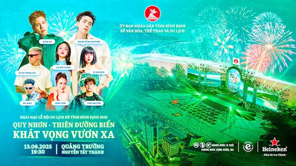 Hình ảnh giới thiệu chương trình khai mạc “Quy Nhơn - Thiên đường biển - Khát vọng vươn xa” Ảnh: CTTĐT. Tối 13-6, chương trình nghệ thuật 'Quy Nhơn - Thiên đường biển - Khát vọng vươn xa” sẽ chính thức khai mạc, mở đầu lễ hội du lịch hè 2025 tại Bình Định với nhiều siêu mẫu và ngôi sao hội tụ.