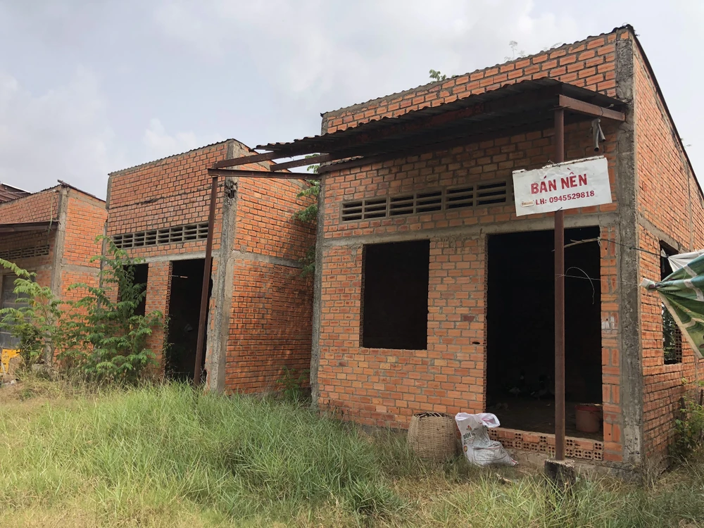 Những căn nhà vượt lũ bỏ hoang, cỏ dại mọc đầy sân. Ảnh HD