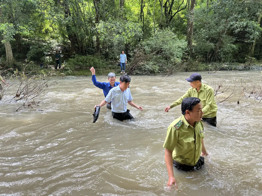 Ông Lê Thanh Sơn, Phó Giám đốc Sở NN&amp;PTNT tỉnh Bình Thuận dẫn đoàn khảo sát thực địa trong khu vực dự kiến làm lòng hồ Pa Két. Ảnh VT