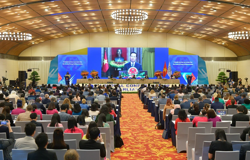 Chủ tịch nước Võ Văn Thưởng gửi thông điệp tới Hội nghị Nghị sĩ trẻ toàn cầu lần thứ 9. Ảnh: PHẠM THẮNG CTN-gui-thong-diep-den-hoi-nghi15-9.jpeg