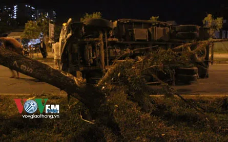 Xe tải đâm bật gốc cây xanh, lật ngang đường ảnh 2