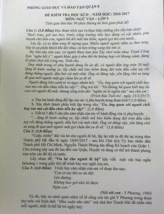 Đề kiểm tra Học kỳ 2 môn văn lớp 9 của Phòng Giáo dục quận 8