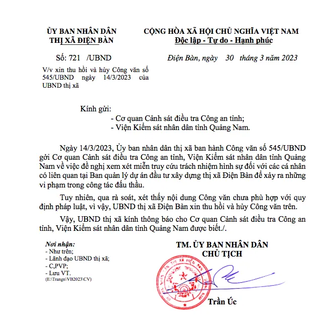 Công văn mới của UBND thị xã Điện Bàn xin thu hồi và huỷ công văn đã ban hành, gửi trước đó. Ảnh: TN Công văn mới của UBND thị xã Điện Bàn xin thu hồi và huỷ công văn đã ban hành, gửi trước đó. Ảnh: TN