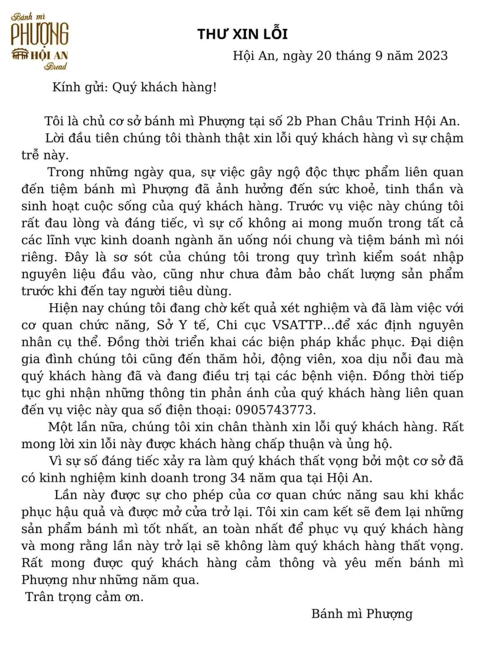Bức thư đăng trên fanpage Bánh mì Phượng. Ảnh: FB FB_IMG_1695254999549.jpg