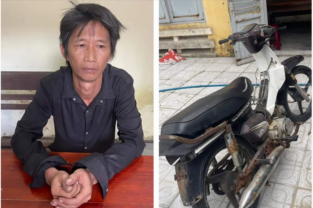 Ba Xít cùng chiếc xe máy là phương tiện dùng để gây án. Ảnh: CA ke-cuop-vat-xuong-ban-3.jpg