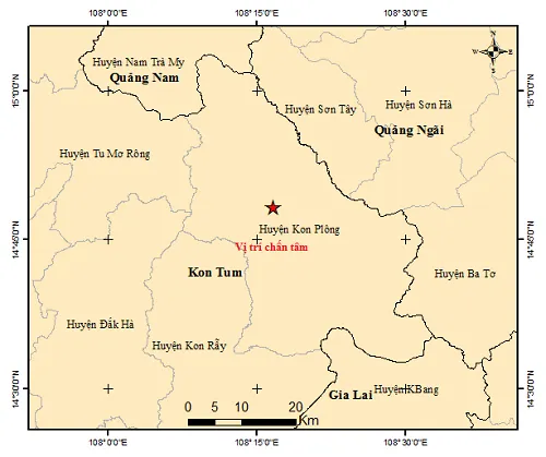Bản đồ tâm chấn một trận động đất xảy ra tại huyện Kon Plông. Ảnh: Viện Vật lý địa cầu. Bản đồ tâm chấn một trận động đất xảy ra tại huyện Kon Plông. Ảnh: Viện Vật lý địa cầu.