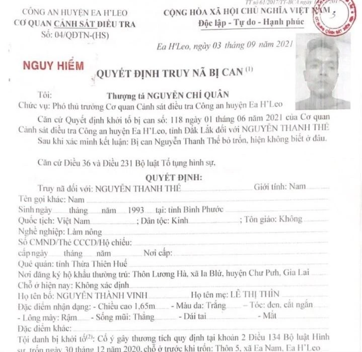Một trong bốn bị can bị truy nã. Ảnh: C.A Công an truy nã 4 bị can gây án tại Đắk Lắk