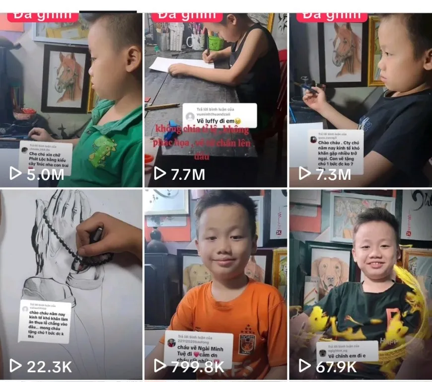 Nhiều clip cháu Nghĩa vẽ tranh thu hút hàng triệu lượt xem. Ảnh chụp màn hình vẽ tranh.jpg