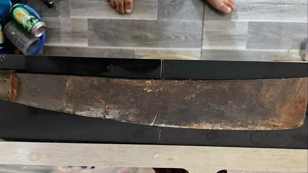Con dao Y Xoai dùng đẽo gốc sầu riêng. Ảnh: C.A đẽo gốc sầu riêng.jpg