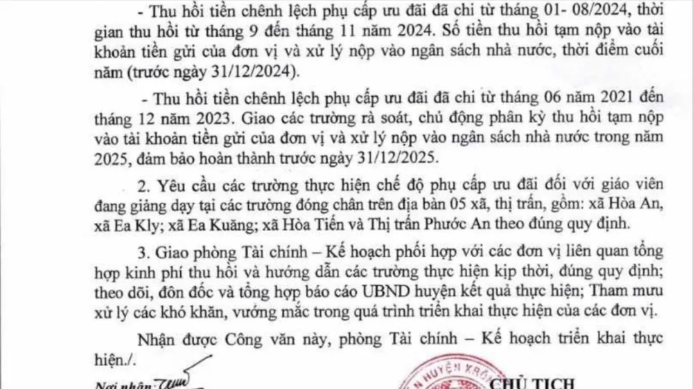 UBND huyện Krông Pắk thống nhất chủ trương thu hồi tiền phụ cấp ưu đãi cảu giáo viên. Ảnh: T.T Phụ cấp ưu đãi 3.jpg