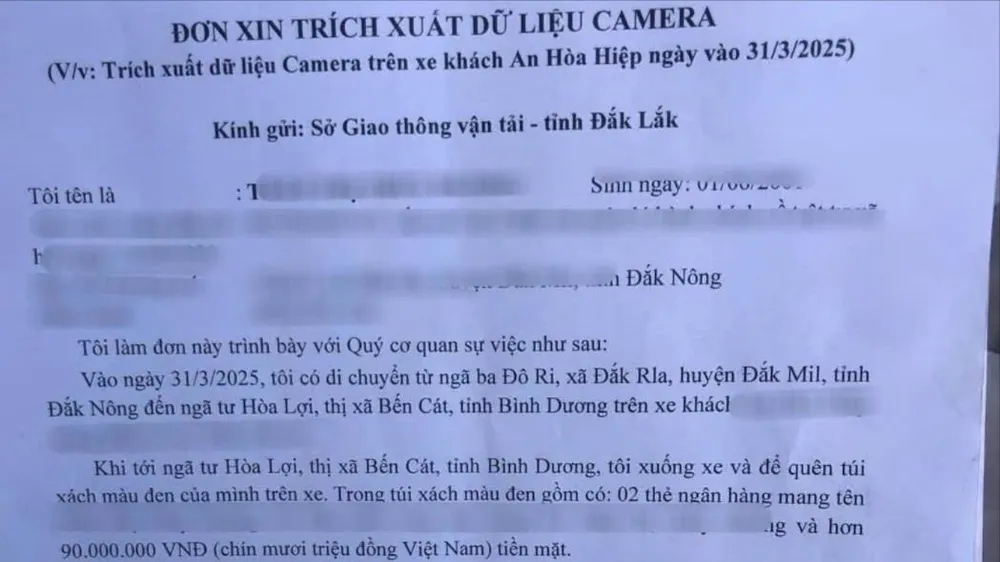 Đơn xin trích xuất dữ liệu camera của chị D gửi Sở Xây dựng Đắk Lắk. Ảnh: N.D