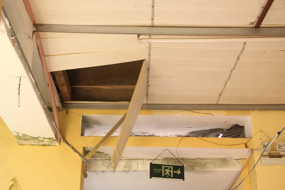 Mỗi khi mưa lớn các tấm la phông lại bị bong ra. Mỗi khi mưa lớn các tấm la phông lại bị bong ra.