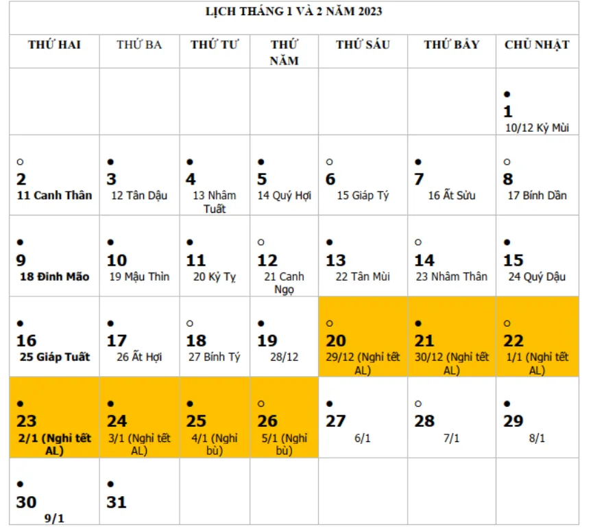 Lịch nghỉ Tết Âm lịch 2023.
