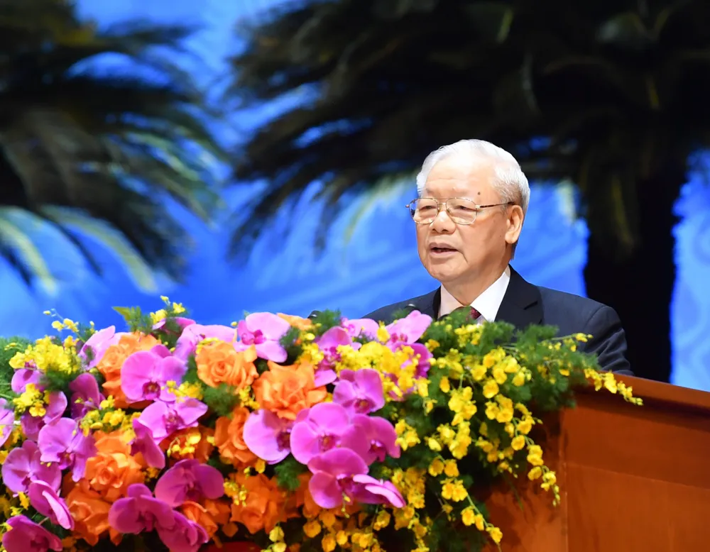 Tổng Bí thư Nguyễn Phú Trọng: Công đoàn phải trả lời 'vào công đoàn để làm gì và có quyền lợi gì?' ảnh 1 Tổng Bí thư Nguyễn Phú Trọng phát biển tại buổi lễ.