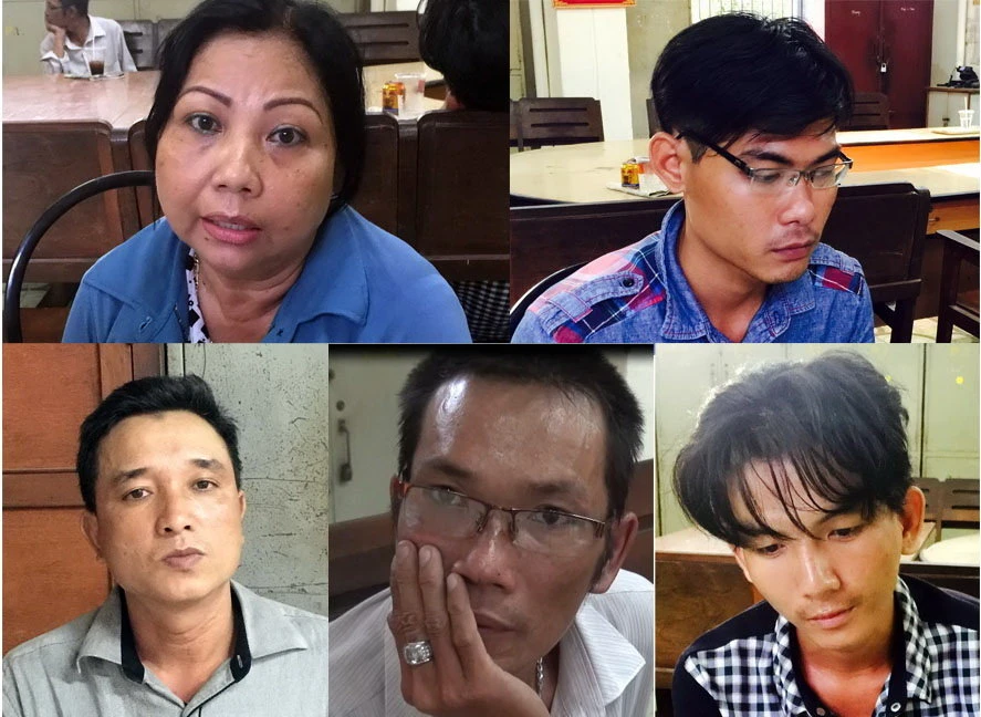 Nhóm dàn cảnh đụng xe để cướp tài sản bị bắt. Từ trái qua: Thảo, Nhật, Lịch, Bảo và Minh