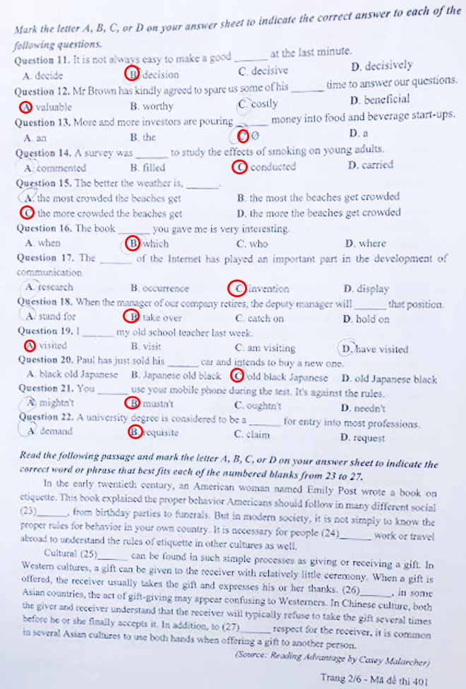 Đáp án, gợi ý bài giải các mã đề môn thi tiếng Anh ảnh 12 Đáp án, gợi ý bài giải các mã đề môn thi tiếng Anh ảnh 12