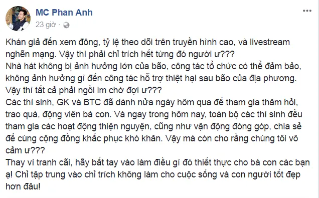 Dòng chia sẻ của MC Phan Anh trên trang cá nhân cũng gặp không ít chỉ tir1ch lẫn đồng tình của cư dân mạng! 