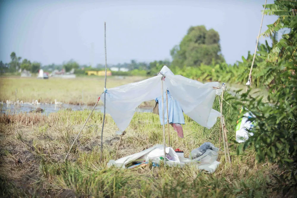 Những căn lều tạm được người nuôi vịt dựng lên để ở khi chăn vịt. Ảnh: HUỲNH DU